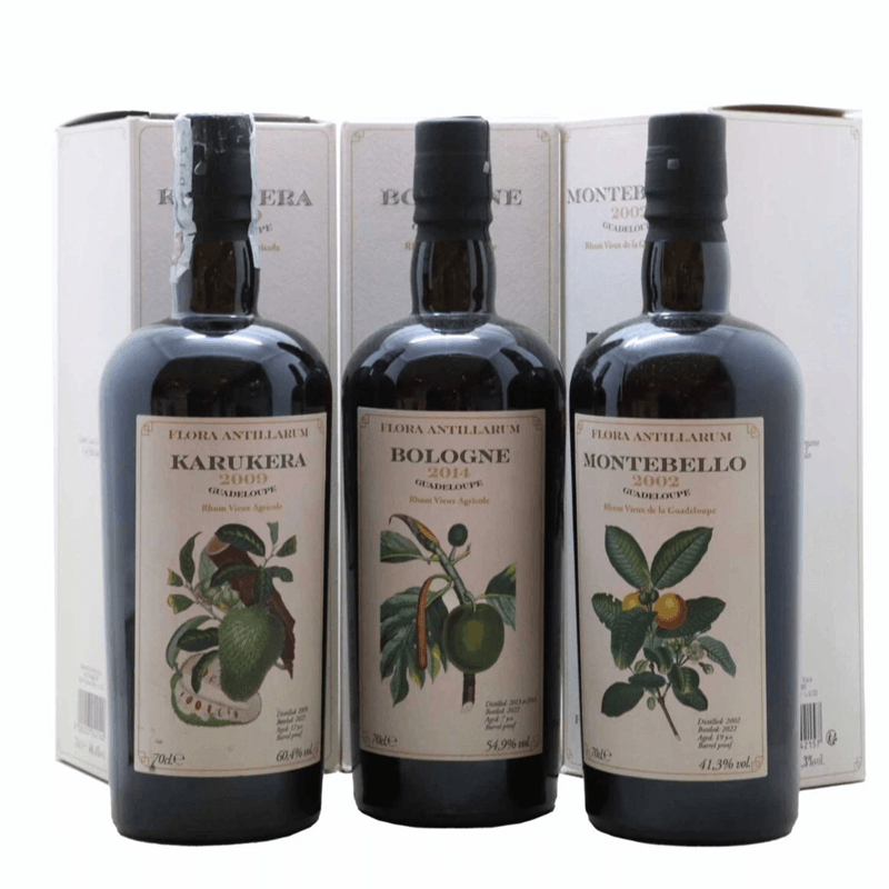 VELIER - LOT DE 3 RHUMS VIEUX FLORA ANTILLARUM - MONTEBELLO 2002 - KARUKERA 2009 - BOLOGNE 2014 - 52,2% - 70CL VELIER - LOT DE 3 RHUMS VIEUX FLORA ANTILLARUM - MONTEBELLO 2002 - KARUKERA 2009 - BOLOGNE 2014 - 52,2% - 70CL