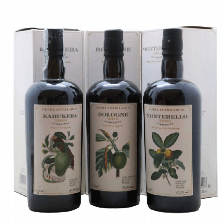 VELIER - LOT DE 3 RHUMS VIEUX FLORA ANTILLARUM - MONTEBELLO 2002 - KARUKERA 2009 - BOLOGNE 2014 - 52,2% - 70CL